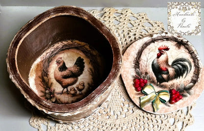 Handcrafted, Country Style Rooster, Laser Cut MDF Trinket Box, Decoupage, Mixed Media, Home Decor Handmade by Pamela