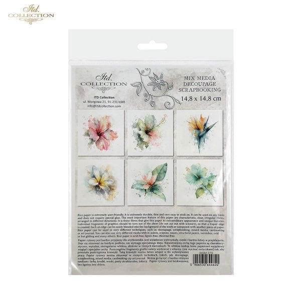 ITD Collection Rice Paper, Mini Set, Watercolor Tropical Flowers Motifs, 6 Sheets, 5x8, Decoupage, Mixed Media