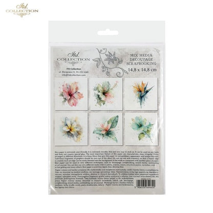 ITD Collection Rice Paper, Mini Set, Watercolor Tropical Flowers Motifs, 6 Sheets, 5x8, Decoupage, Mixed Media