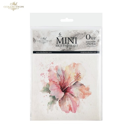 ITD Collection Rice Paper, Mini Set, Watercolor Tropical Flowers Motifs, 6 Sheets, 5x8, Decoupage, Mixed Media