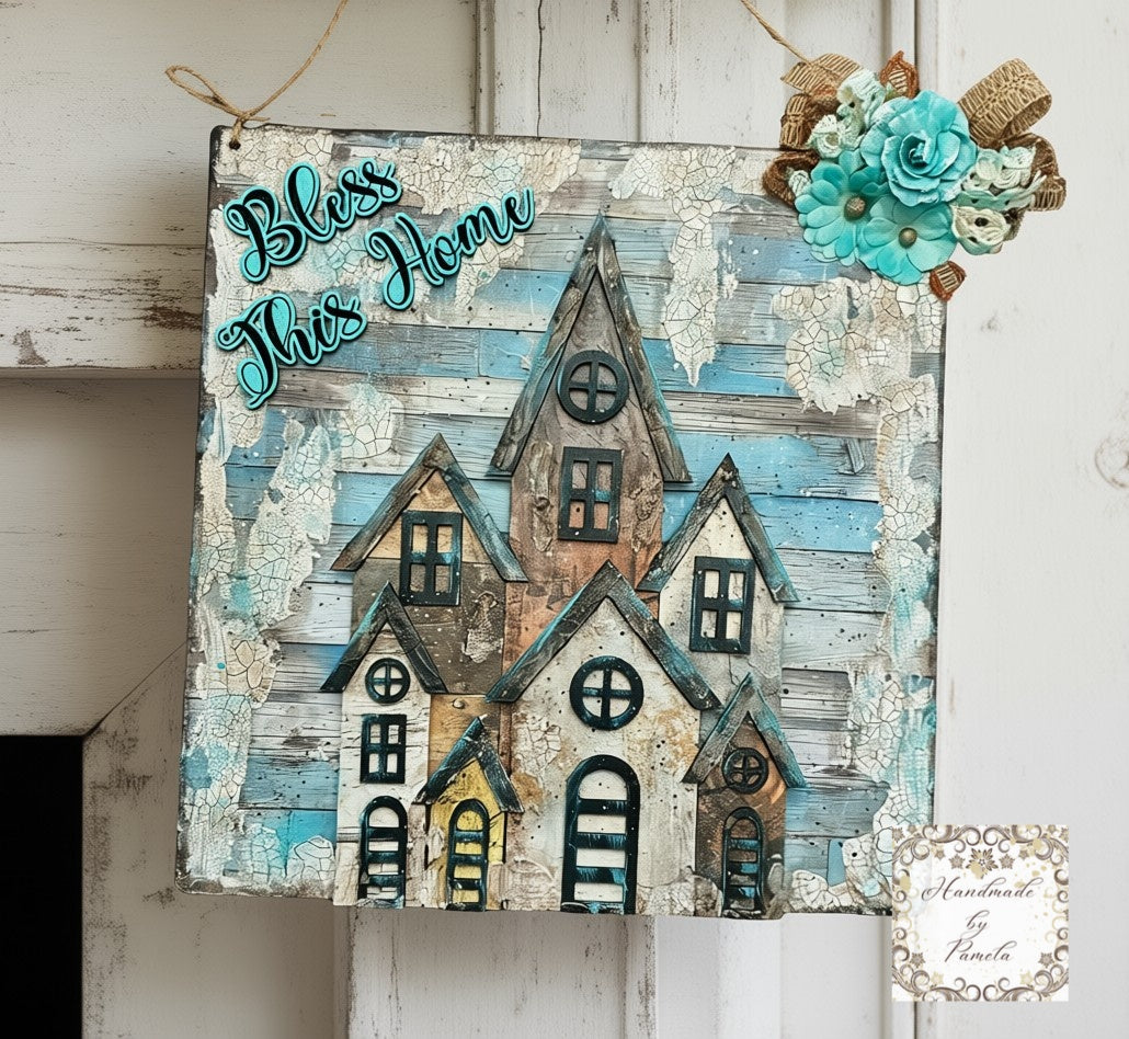 Laser Cut MDF Unfinished Country Village, Houses Set of 7 for Decoupage Mixed Media, DIY Home Decor Crafts