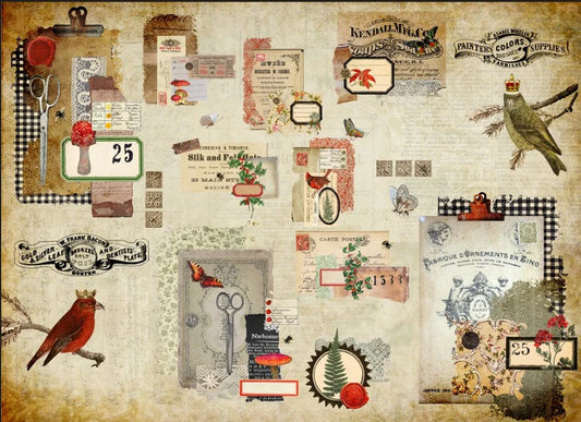 Roycycled Decoupage Tissue Paper, Scrappy Christmas, Birds,  Animals, Ephemera Vintage Style Background, 20" x 30"
