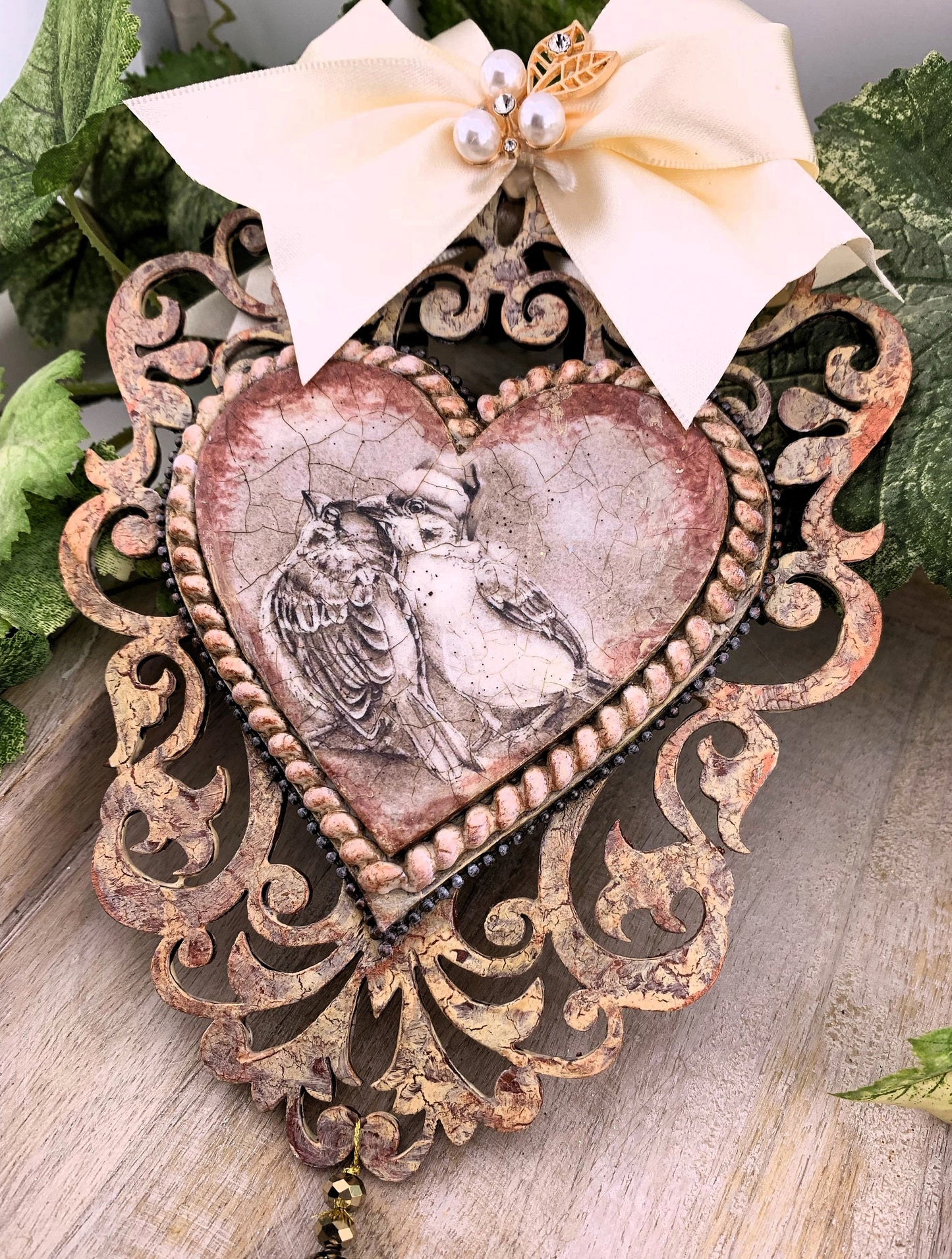 Handcrafted, Shabby Chic, Mixed Media, Heart, Vintage Style, Decoupage, Sepia Tone, Love, Birds, Ornament, Christmas, Home Decoration