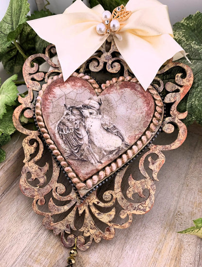 Handcrafted, Shabby Chic, Mixed Media, Heart, Vintage Style, Decoupage, Sepia Tone, Love, Birds, Ornament, Christmas, Home Decoration Handmade by Pamela