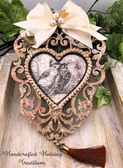 Handcrafted, Shabby Chic, Mixed Media, Heart, Vintage Style, Decoupage, Sepia Tone, Love, Birds, Ornament, Christmas, Home Decoration Handmade by Pamela