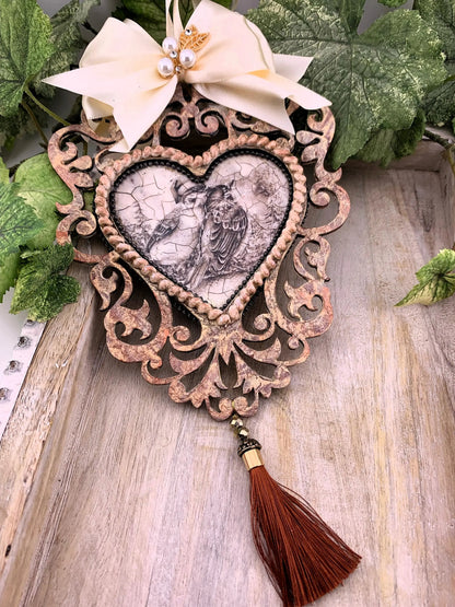 Handcrafted, Shabby Chic, Mixed Media, Heart, Vintage Style, Decoupage, Sepia Tone, Love, Birds, Ornament, Christmas, Home Decoration Handmade by Pamela