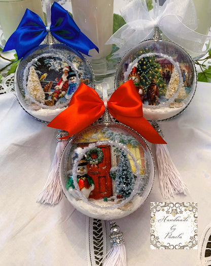 Handcrafted, Christmas, Large 3d Diorama Round Ornament, Santa, Snowman, Tree, Winter Scene, Decoupage, Mixed Media, 3 Variations Handmade by Pamela