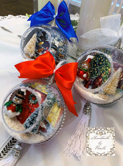 Handcrafted, Christmas, Large 3d Diorama Round Ornament, Santa, Snowman, Tree, Winter Scene, Decoupage, Mixed Media, 3 Variations Handmade by Pamela