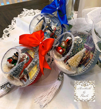 Handcrafted, Christmas, Large 3d Diorama Round Ornament, Santa, Snowman, Tree, Winter Scene, Decoupage, Mixed Media, 3 Variations Handmade by Pamela