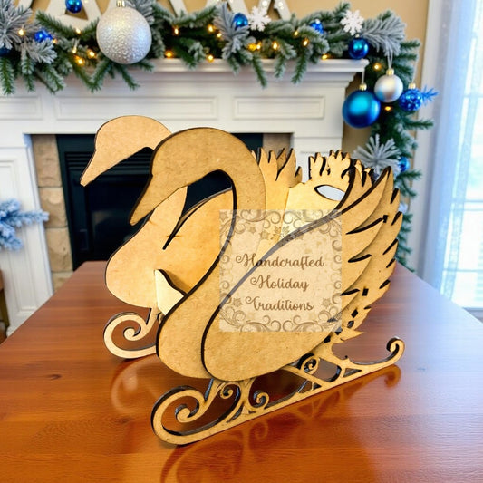 Laser Cut, MDF, Buildable, Swan, Princess, Winter, Sleigh, Christmas, Buildable, Blank, Base, Decoupage, Mixed Media, 7"w x 6 1/2"h x 4"d