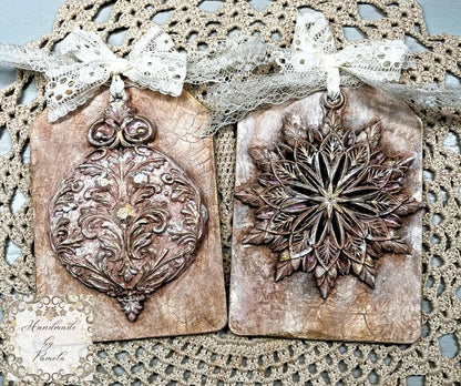 Handcrafted, laser cut MDF, Decoupage, Mixed Media, Christmas Tags Sets, Vintage Style Handmade by Pamela
