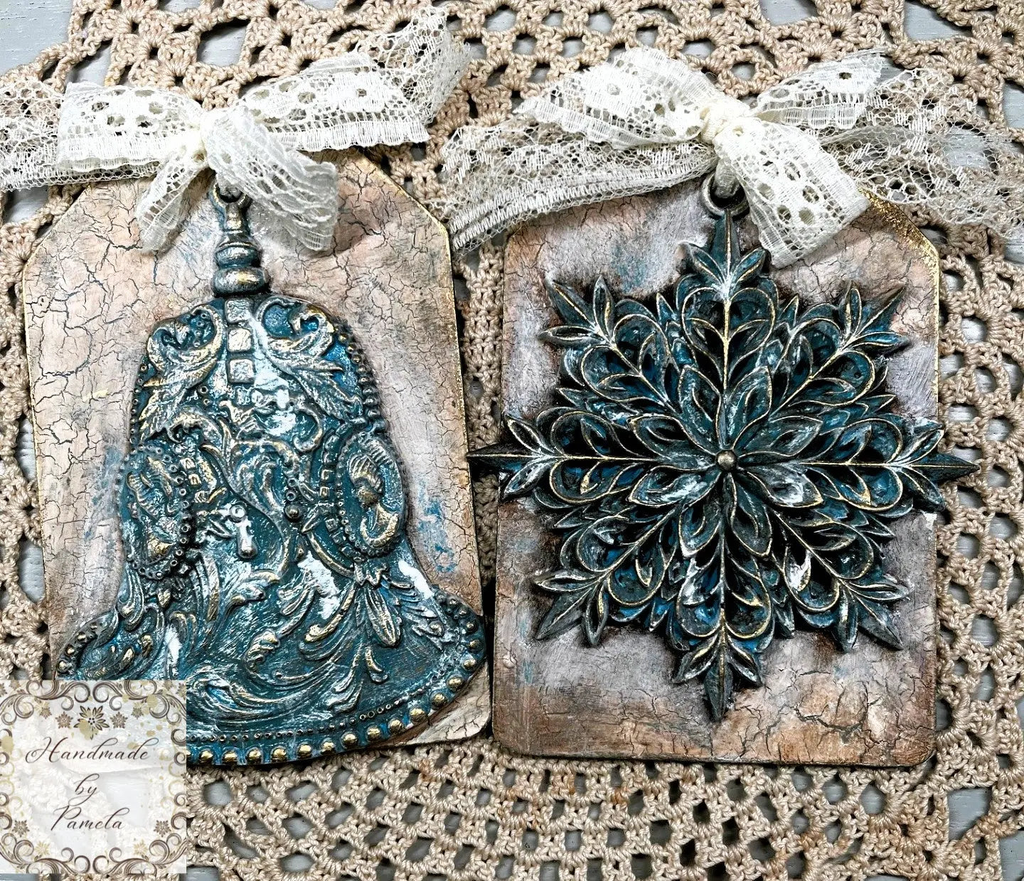 Handcrafted, laser cut MDF, Decoupage, Mixed Media, Christmas Tags Sets, Vintage Style Handmade by Pamela