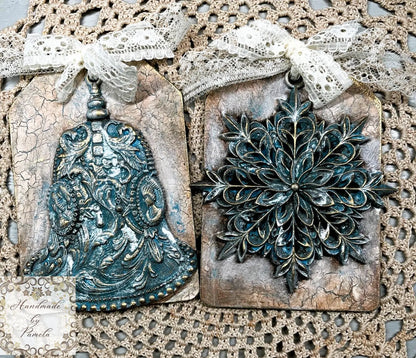 Handcrafted, laser cut MDF, Decoupage, Mixed Media, Christmas Tags Sets, Vintage Style Handmade by Pamela