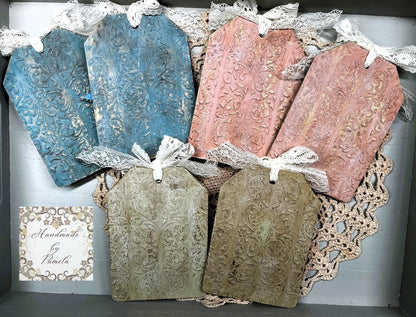 Handcrafted, laser cut MDF, Decoupage, Mixed Media, Christmas Tags Sets, Vintage Style Handmade by Pamela