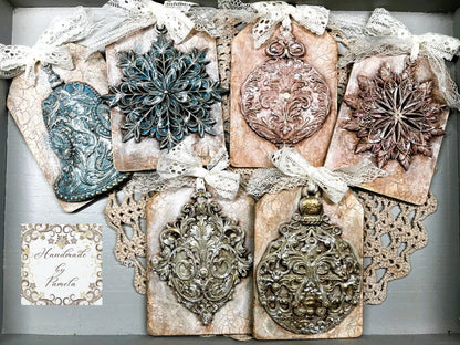 Handcrafted, laser cut MDF, Decoupage, Mixed Media, Christmas Tags Sets, Vintage Style Handmade by Pamela