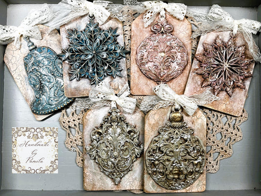 Handcrafted, laser cut MDF, Decoupage, Mixed Media, Christmas Tags Sets, Vintage Style