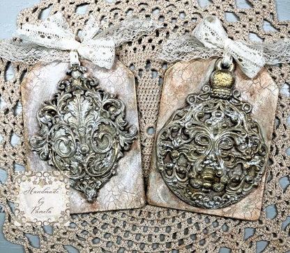Handcrafted, laser cut MDF, Decoupage, Mixed Media, Christmas Tags Sets, Vintage Style Handmade by Pamela