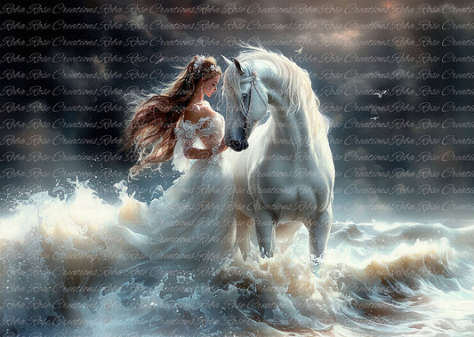 Reba Rose Creations Tissue Paper for Decoupage, White Horse, Lady in Ocean Waves, Shabby Chic, 20"x30" | Mixed Media, DIY Craft Supplies
