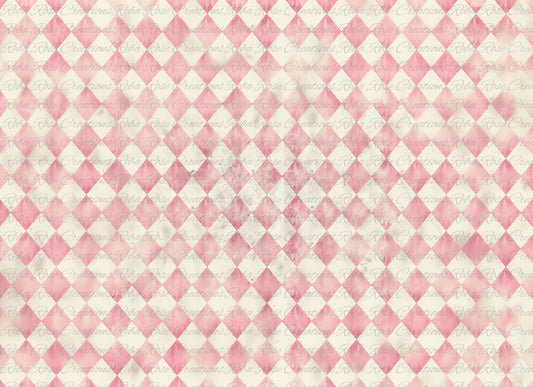 Reba Rose Creations, Tissue Paper for Decoupage, Mixed Media, Pink, White, Harlequin, Diamonds, Wallpaper, Background, 20" x 30"