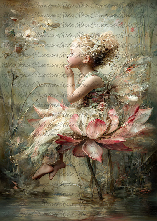 Reba Rose Creations Tissue Paper, Lotus Fairy Fantasy Design, Vintage Inspired, Decoupage, Mixed Media Art, Scrapbooking, 21x29
