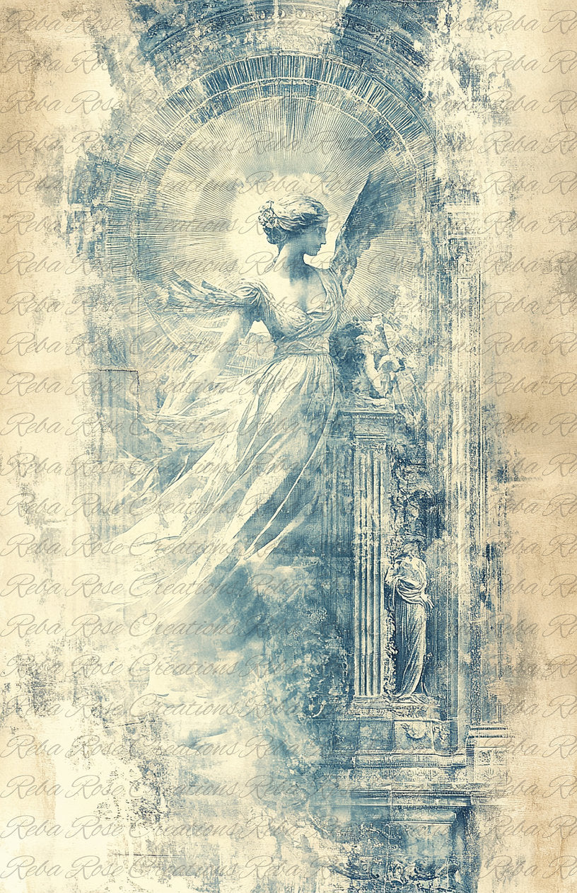 Reba Rose Creations Tissue Paper for Decoupage | Distressed Blue and White Angel, Vintage Inspired 20"x30" | Mixed Media, DIY Craft Supplies