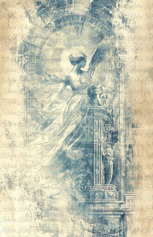 Reba Rose Creations Tissue Paper for Decoupage | Distressed Blue and White Angel, Vintage Inspired 20"x30" | Mixed Media, DIY Craft Supplies