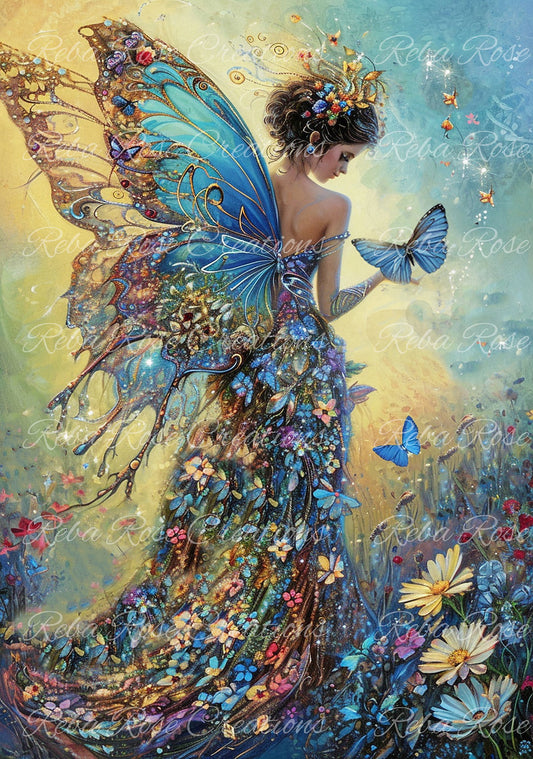 Reba Rose Creations Tissue Paper for Decoupage | Blue Butterfly Fairy Fantasy Vintage Inspired 20"x30" | Mixed Media, DIY Craft Supplies