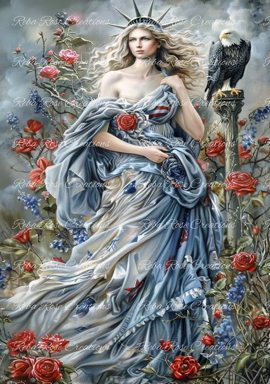 Reba Rose Creations Tissue Paper for Decoupage | Patriotic Lady Liberty, Americana, 20"x30" | Mixed Media, DIY Craft Supplies