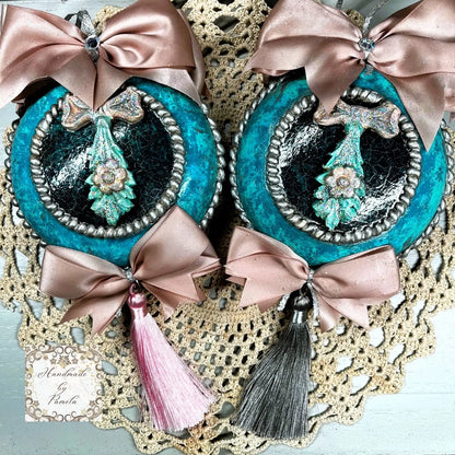 Handcrafted, Vintage Style Ornament Set of 2, Turquoise, Pink, Roses, Shabby Chic Style Handmade by Pamela