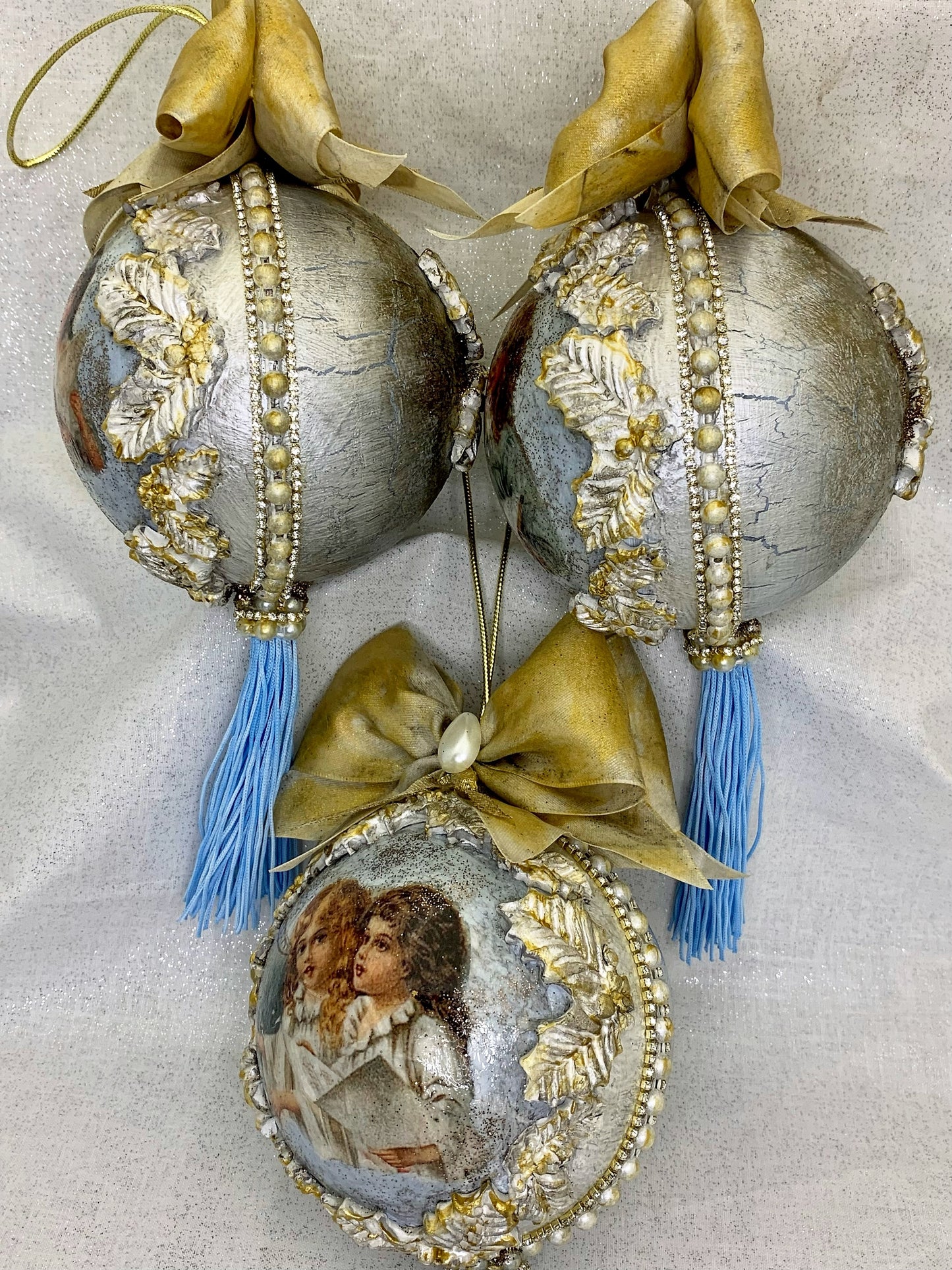 Handcrafted, Shabby Chic, Vintage Style, Christmas, Decoupage, Nostalgic, Angel Choir, Ornament, Bauble Set 3,  Silver, Gold, Mixed Media