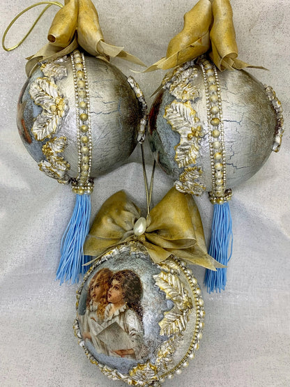 Handcrafted, Shabby Chic, Vintage Style, Christmas, Decoupage, Nostalgic, Angel Choir, Ornament, Bauble Set 3,  Silver, Gold, Mixed Media Handmade by Pamela