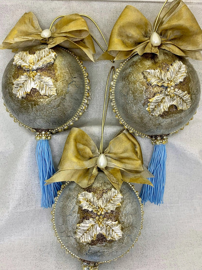 Handcrafted, Shabby Chic, Vintage Style, Christmas, Decoupage, Nostalgic, Angel Choir, Ornament, Bauble Set 3,  Silver, Gold, Mixed Media Handmade by Pamela