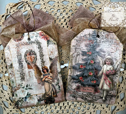 Handcrafted, laser cut MDF, Decoupage, Mixed Media, Christmas Tags, Vintage Style Handmade by Pamela