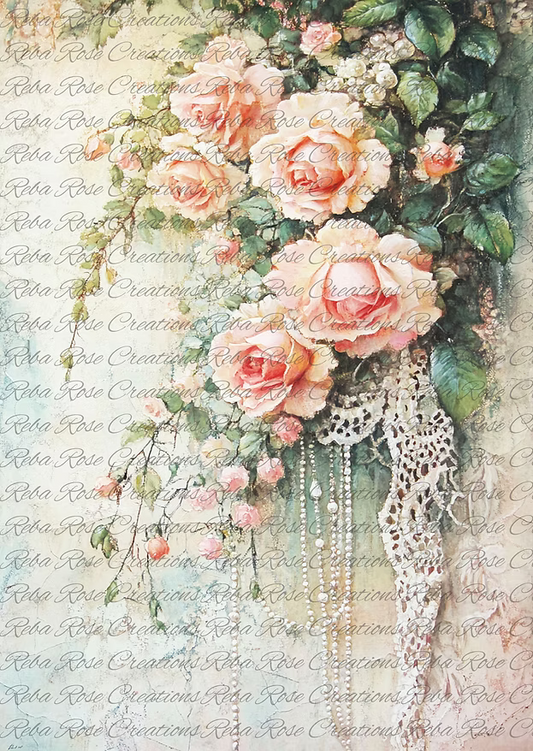 Reba Rose Creations Rice Paper for Decoupage, Mixed Media, Roses and Lace, Shabby Chic, Size A4
