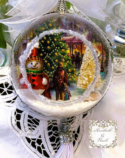 Handcrafted, Christmas, Large 3d Diorama Round Ornament, Santa, Snowman, Tree, Winter Scene, Decoupage, Mixed Media, 3 Variations Handmade by Pamela